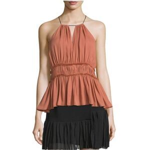 Cinq a Sept Lotus Halter Neck Peplum Silk Top Sleeveless Blush Pink Women's S